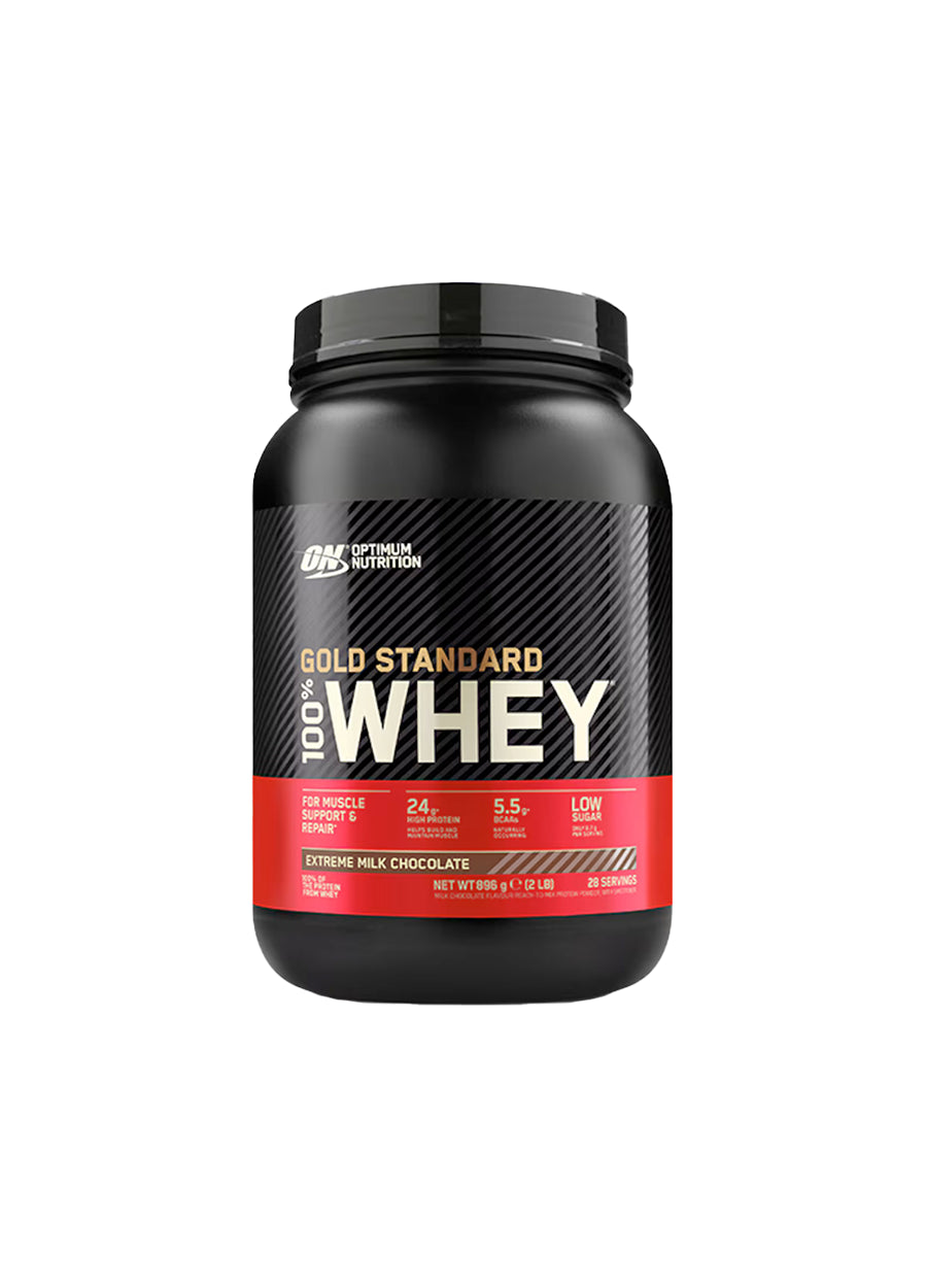 Optimum Nutrition Gold Standard Whey-vassleproteinburk, svart med röd etikett och måttangivelse