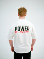 Vit t-shirt med stor tryckt POWER LIFTING CLUB-text på ryggen