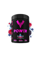 Power Nutrition kosttillskottsburk, svart med lila POWER-logga och näringsinfo.
