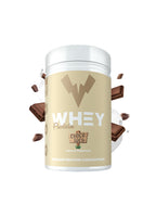 Vassleprotein-Pulver i burk med Whey-etikett, chokosmak