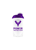 Power Nutrition signaturshaker 500 ml med lila lock och logotyp på vit kopp