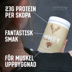 Vassleproteinbehållare med Whey-etikett och chokladsmak