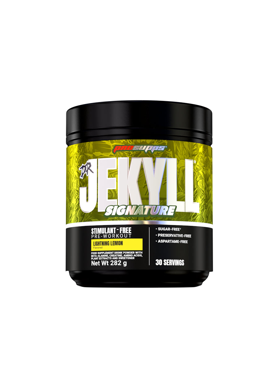 Kosttillskott i burk, gul etikett med "Jekyll Signature"