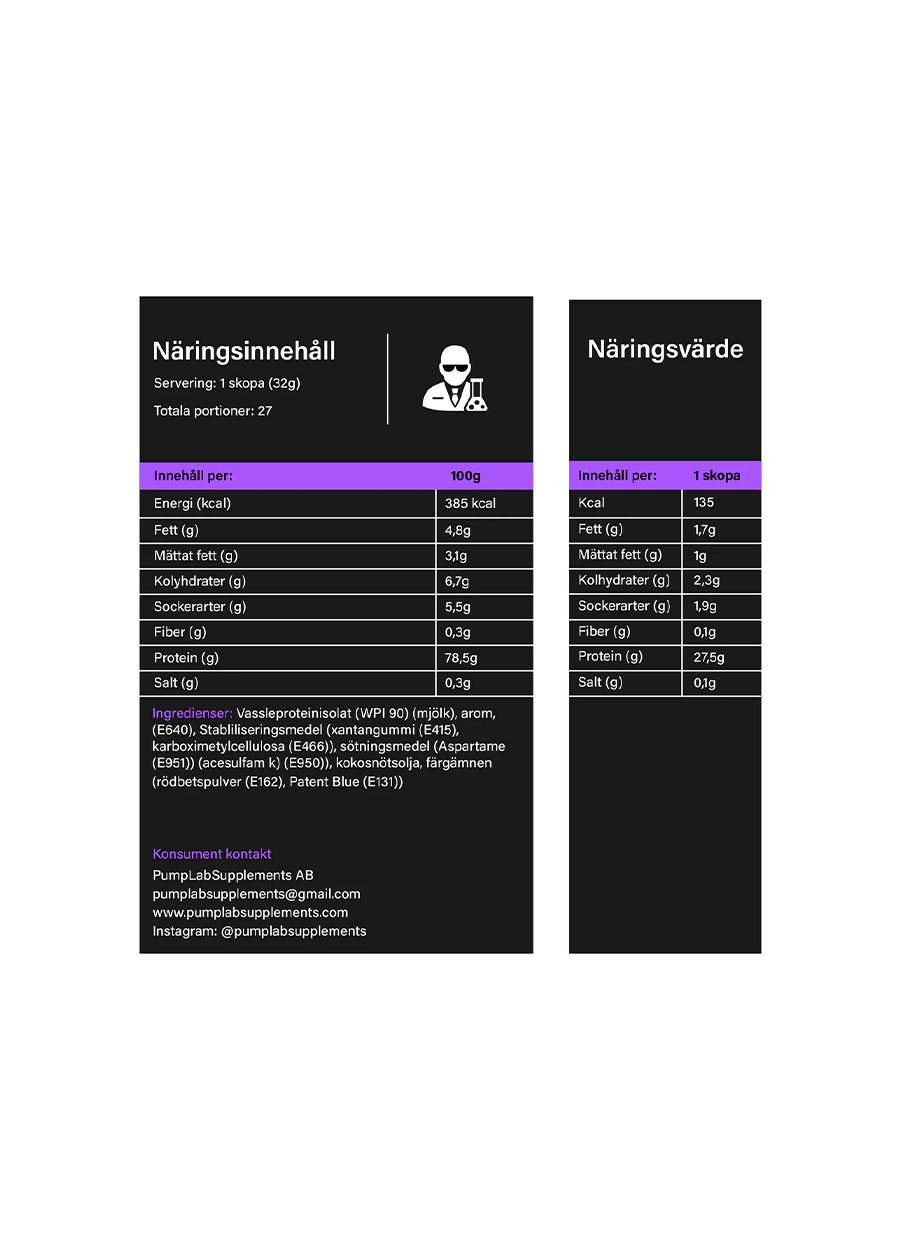 PumpLab CARBON Whey Protein 900g Innehåll