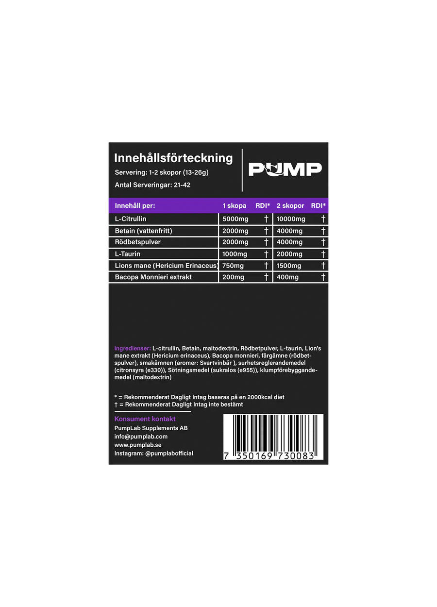 PumpLab PLUTONIUM Stim Free Pre-Workout 550g Innehåll