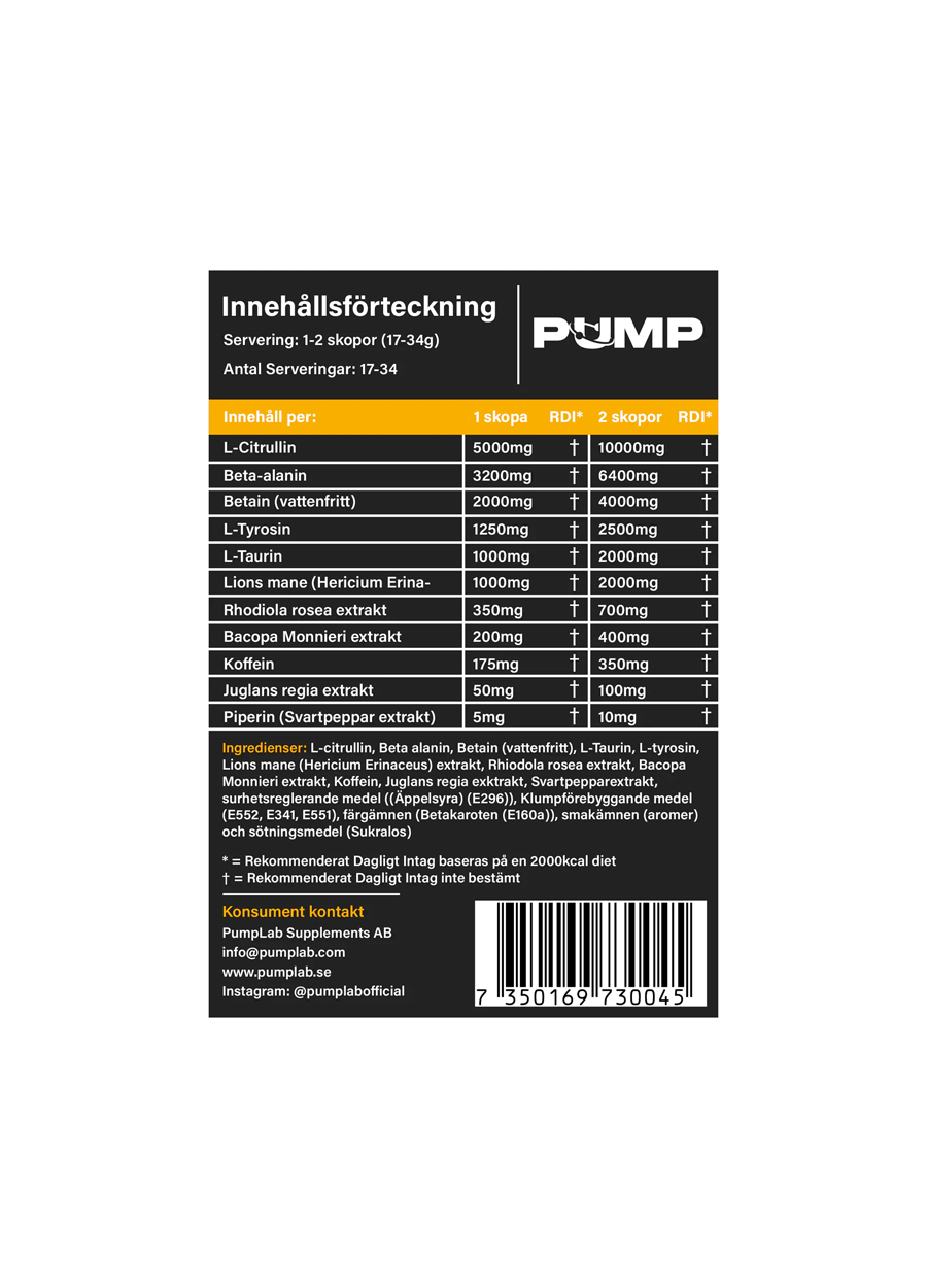 PumpLab URANIUM Full Stim Preworkout 550g Ingredienser