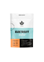 Elektrolytpulver i vit påse med turkos framsida och orange etikett, mango/apelsin