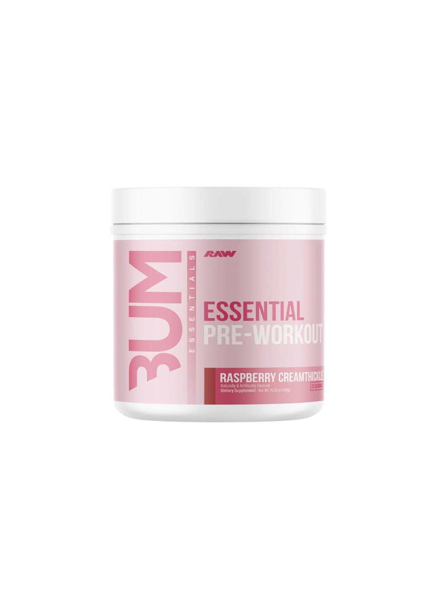 CBUM RAW Essential pre-workout, hallon-smak, burk med ljusrosa etikett