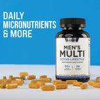 Rule One herr multitabletter i svart flaska med Men's Multi samt gula tabletter