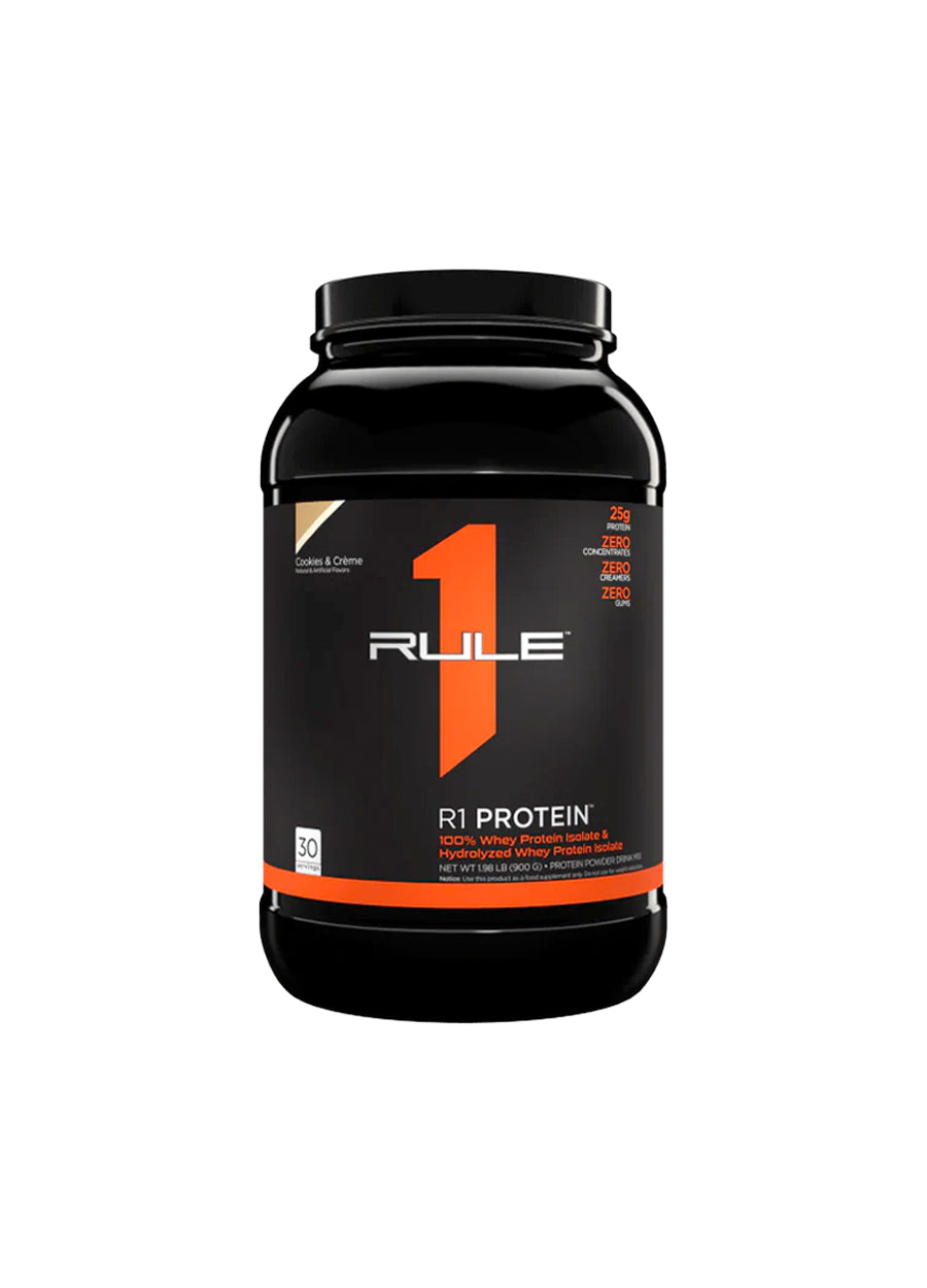 Rule One proteinflaska, svart flaska med orange strimma och lock