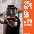 Proteinflaska R1 i svart med orange etikett och hand som håller flaskan