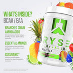 Kosttillskott i vit burk med “What’s inside? BCAA/EAA” och lime- och bärillustrationer