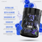 RYSE Godzilla pre-workout-burk, blå hallon, svart burk med blå ingrediensillustration