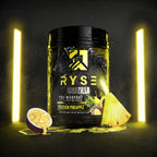 RYSE Godzilla pre-workout-burk, passion pineapple-variant, svart burk med gul fruktetikett