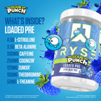 RYSE loaded pre-burk med Sour Punch Sour Blue Raz-smak, närbild på etiketten