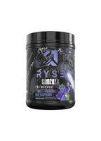 RYSE Godzilla pre-workout-burk, blå hallonvariant, svart plastburk med lock
