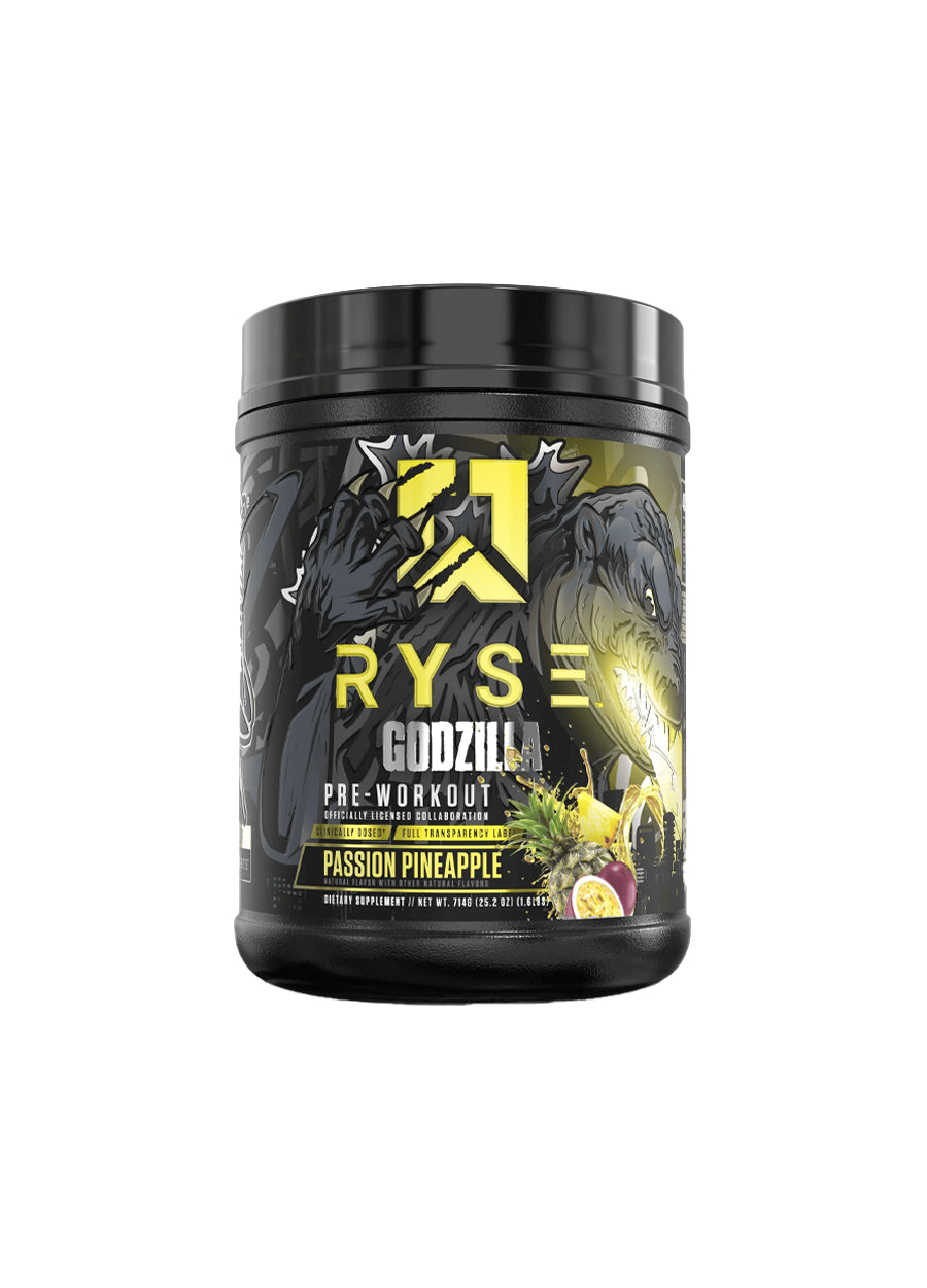 Pre-workout i svart burk med passion pineapple-etikett, RYSE Godzilla