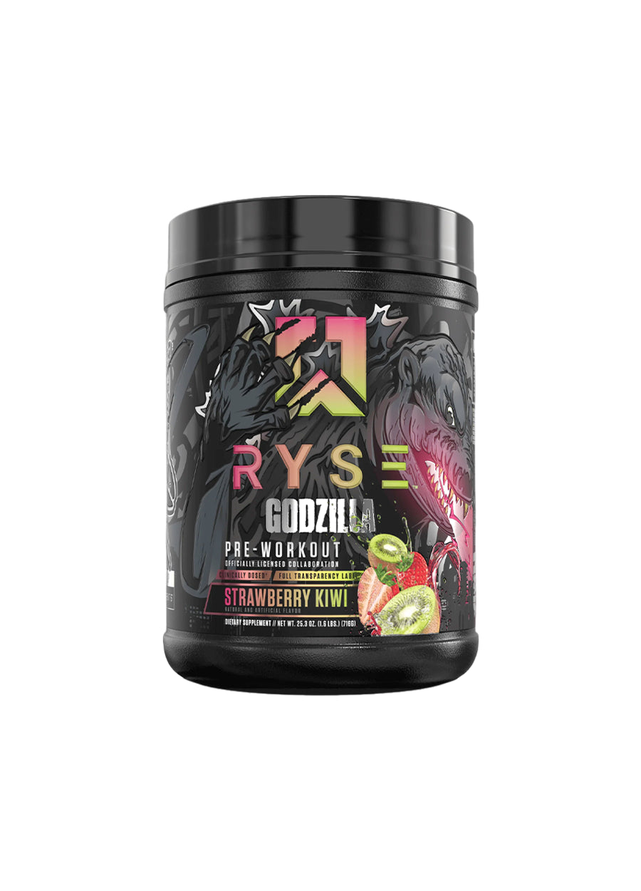 RYSE Godzilla pre-workout-burk, strawberry kiwi-variant, svart burk med rosa-grön etikett