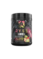 RYSE Godzilla pre-workout-burk, strawberry kiwi-variant, svart burk med rosa-grön etikett