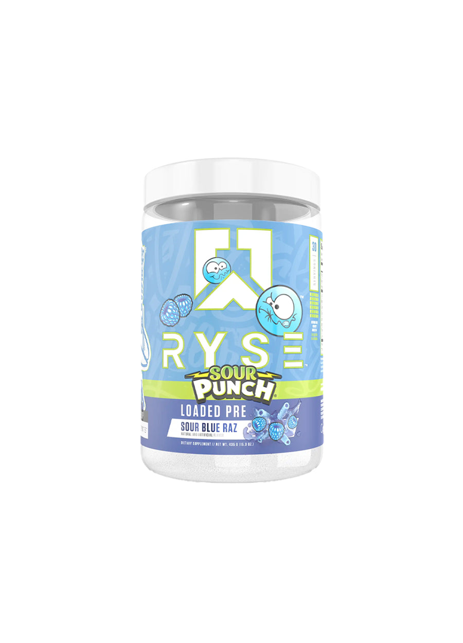 RYSE loaded pre-burk med Sour Punch Sour Blue Raz-smak, tydlig framsida