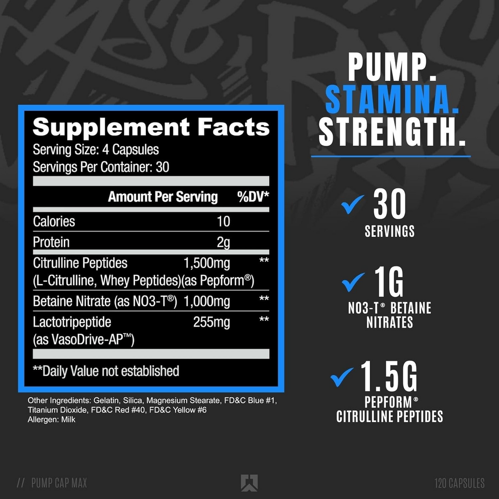 RYSE Pump Cap Max supplementfakta med näringsvärden och antal portioner