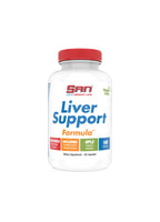 Leverstöds-kapslar i vit flaska med rött lock och etikett "Liver Support"