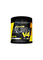 Krafttillskottburk, svart burk med gul etikett och stora “Rush V4”-loggan