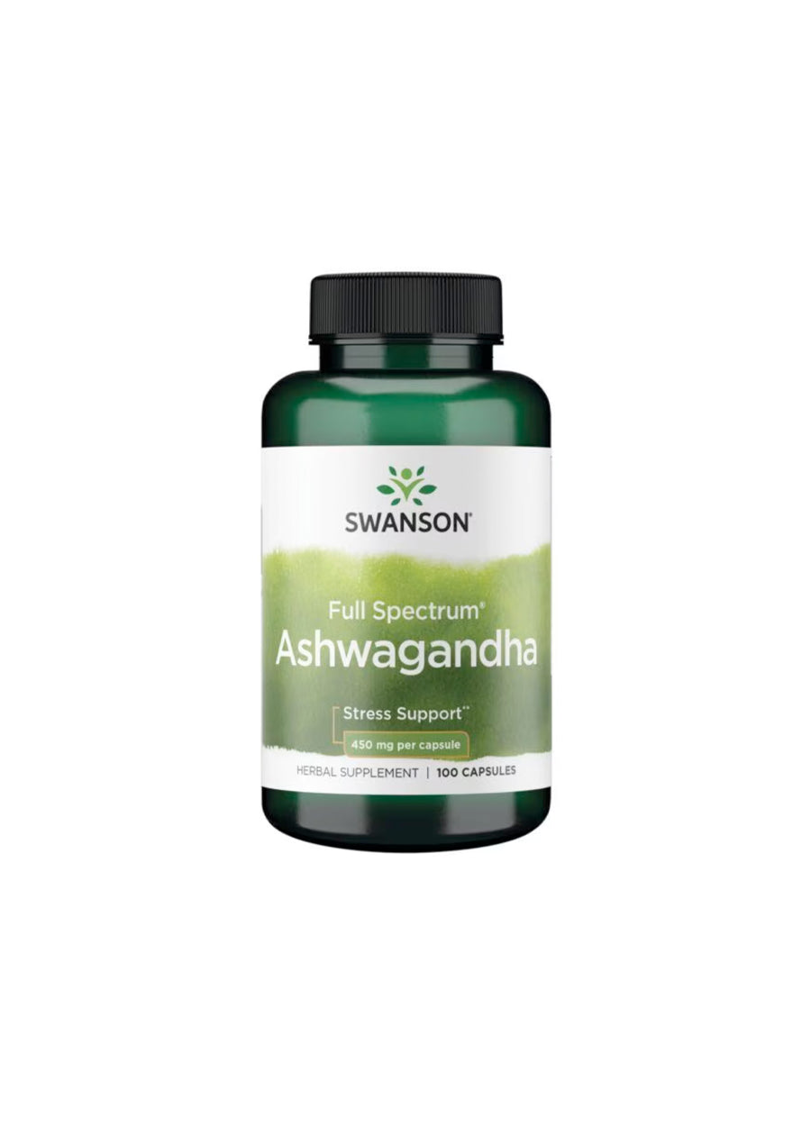Swanson Full Spectrum Ashwagandha 450mg 100 Kapslar Framsida