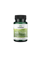 Swanson Full Spectrum Milk Thistle kapselburk, grön etikett och svart lock.