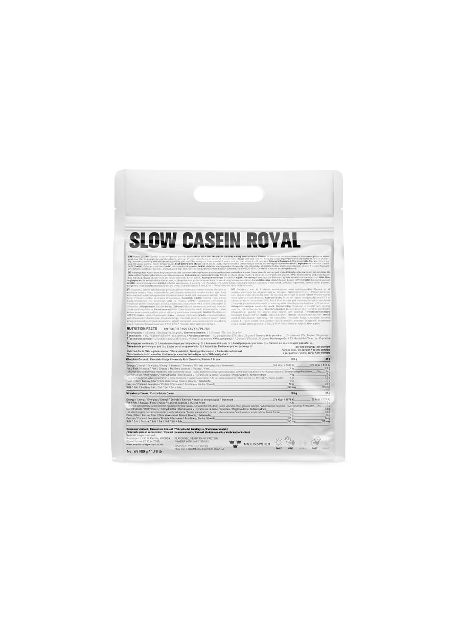 Swedish Supplements Royal Casein Kaseinprotein 900g Baksida med innehåll