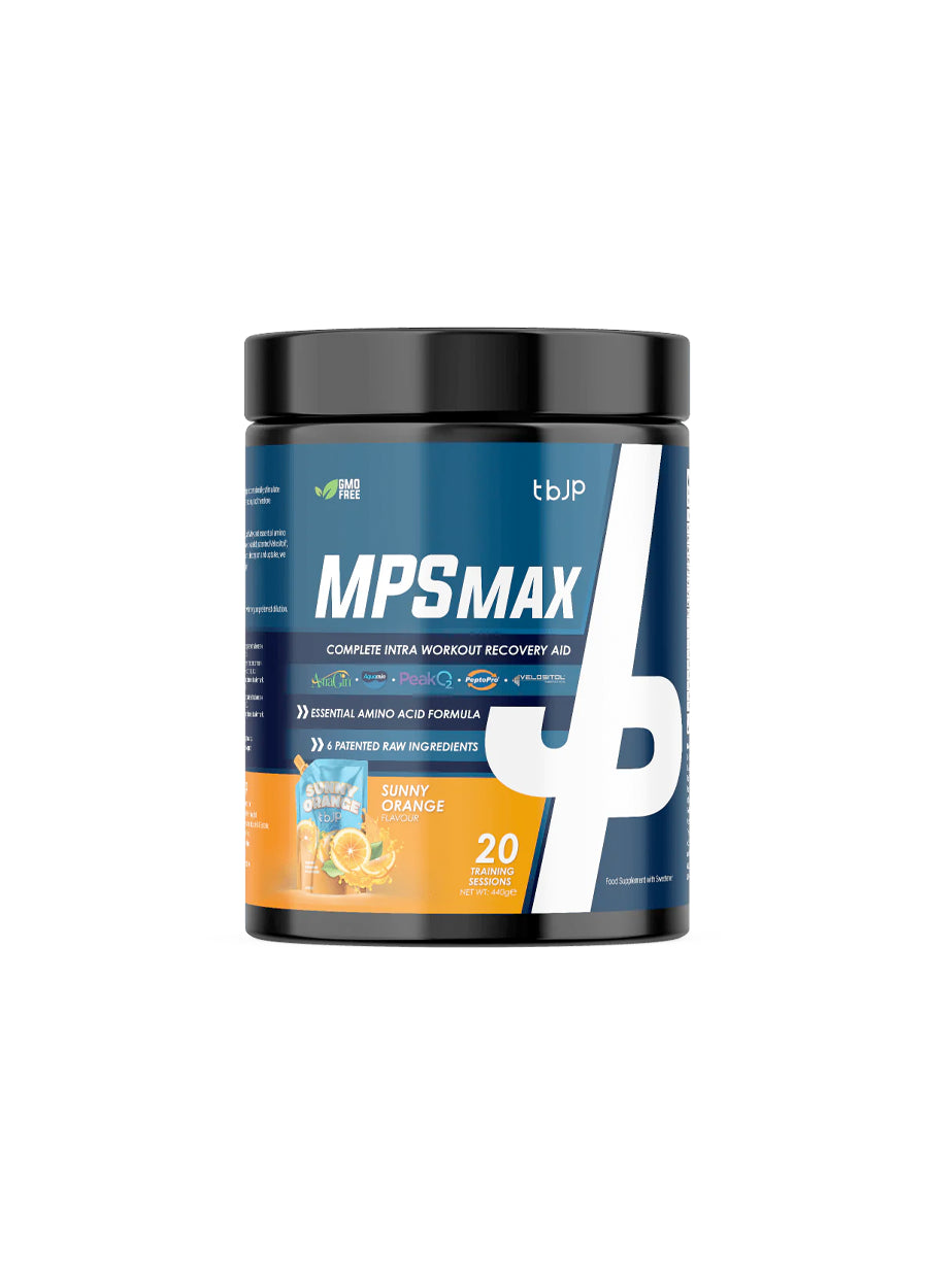 MPSMAX träningsdryckspulver i burk med svart lock, apelsinsmak