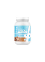 Proteinisolat i vit burk med blå etikett och chokladfärgad frontgrafik