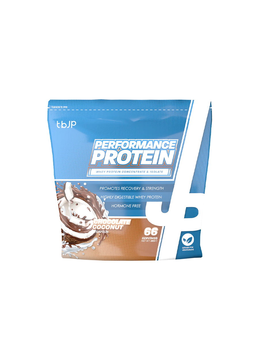 Proteinpulverpåse tbup Performance Protein, kokos, blå och brun framsida