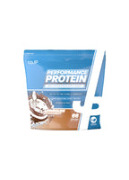 Proteinpulverpåse tbup Performance Protein, kokos, blå och brun framsida