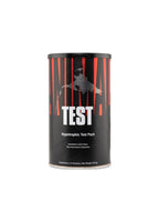 Kosttillskottburk med svart etikett, röda ränder och texten TEST, Hypertrophic Test Pack