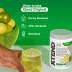 Xtend BCAA-burk med silverlock och skopa med gul vätska, 30 serveringar.