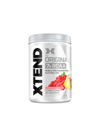 Xtend BCAA-burk med silverlock, 30 serveringar, etikett med röda fruktinslag.
